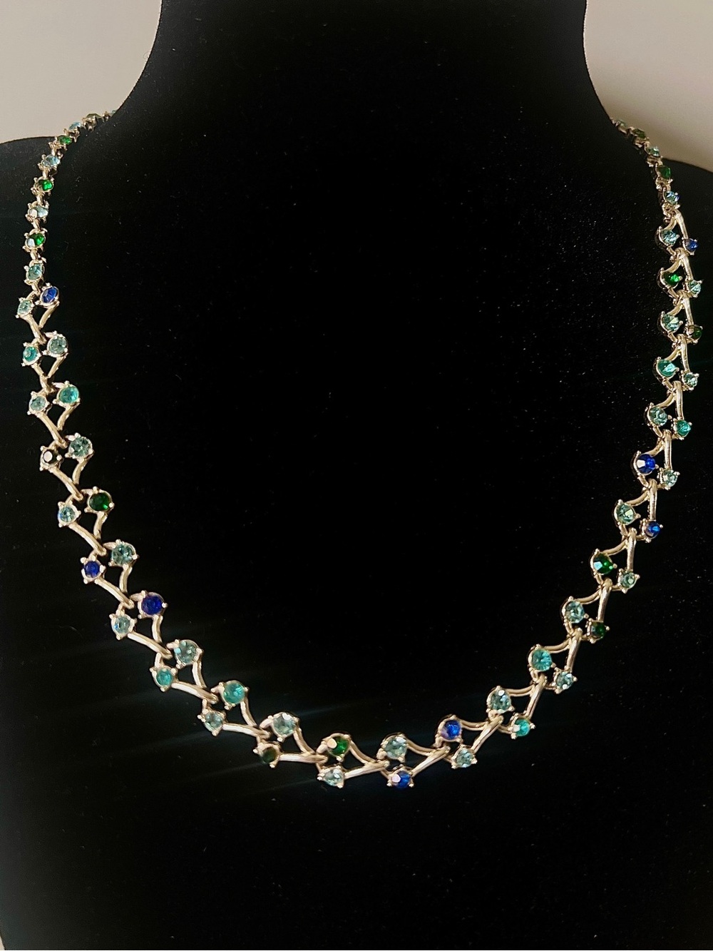 Dainty Choker in Silver Tone with Blue and Green Rhinestones Necklace 14-16”